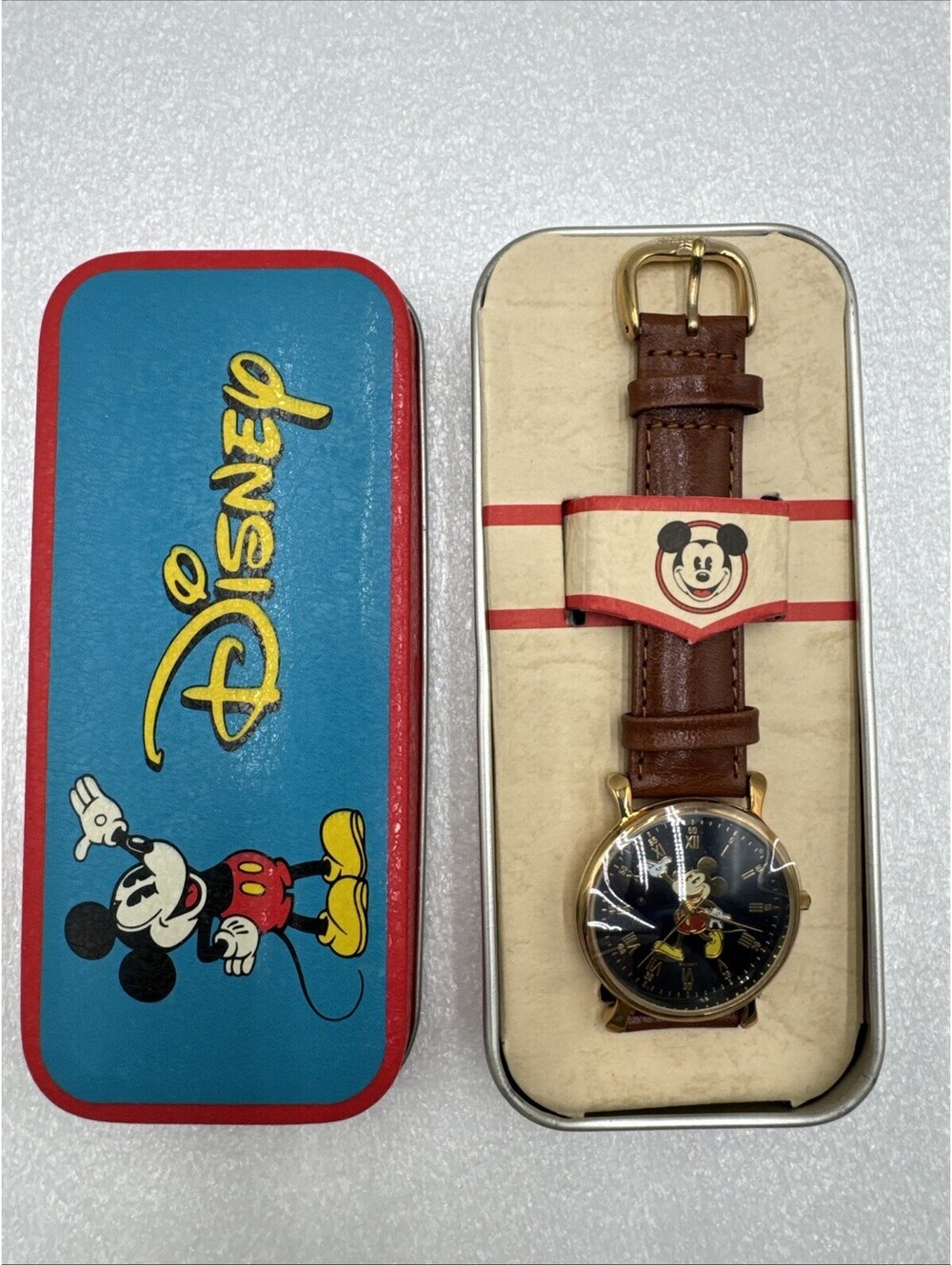 Mickey Mouse Fossil Wrist Watch In Collectible Tin Box Brown Leather Band 1994